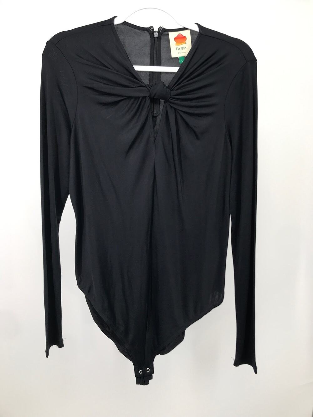 FARM Rio Black Jersey Knit Knotted Front Long Sleeve Bodysuit Womens L